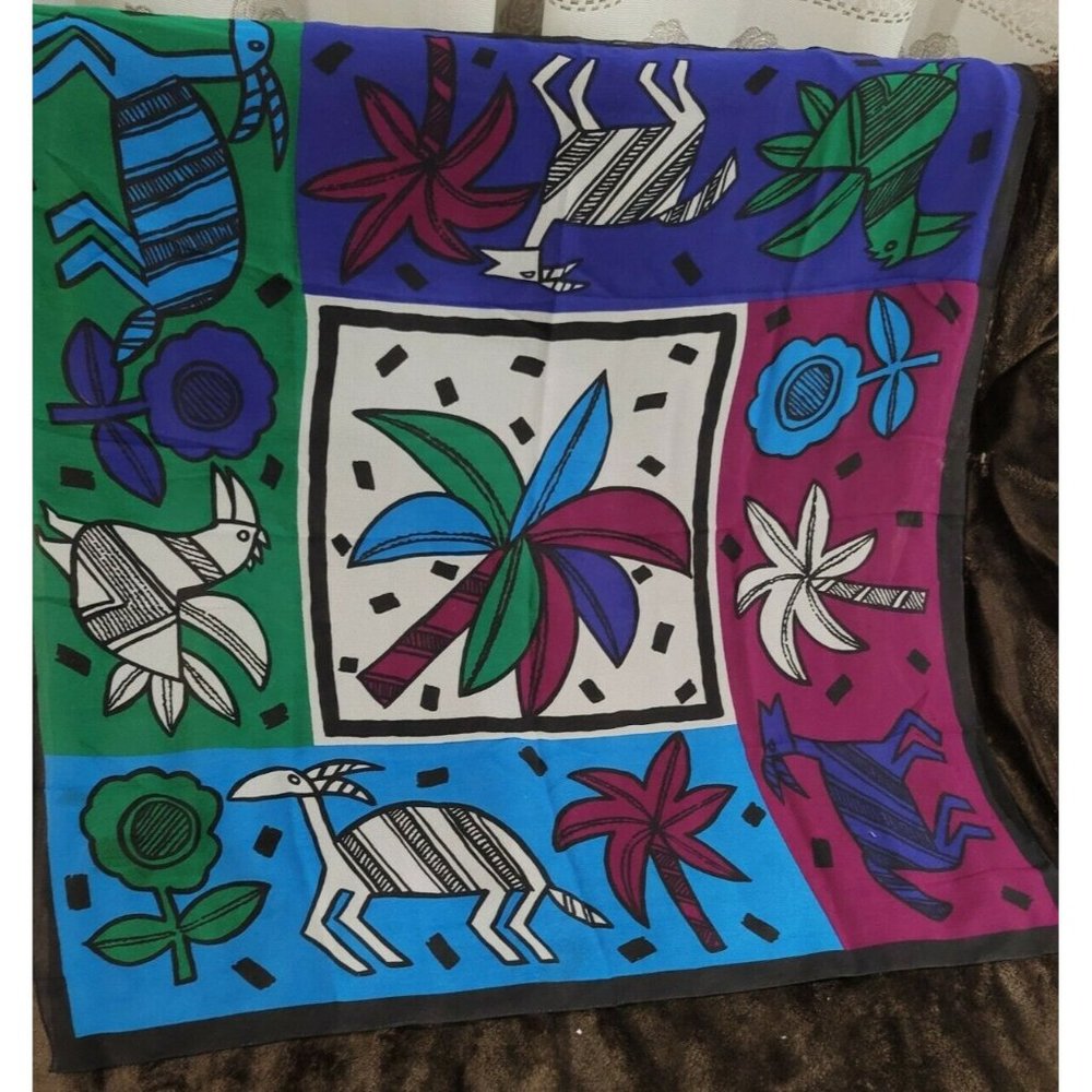100% Cotton Scarf, Made in Italy, Animals Bird palm tree flower 29"x 29" multi